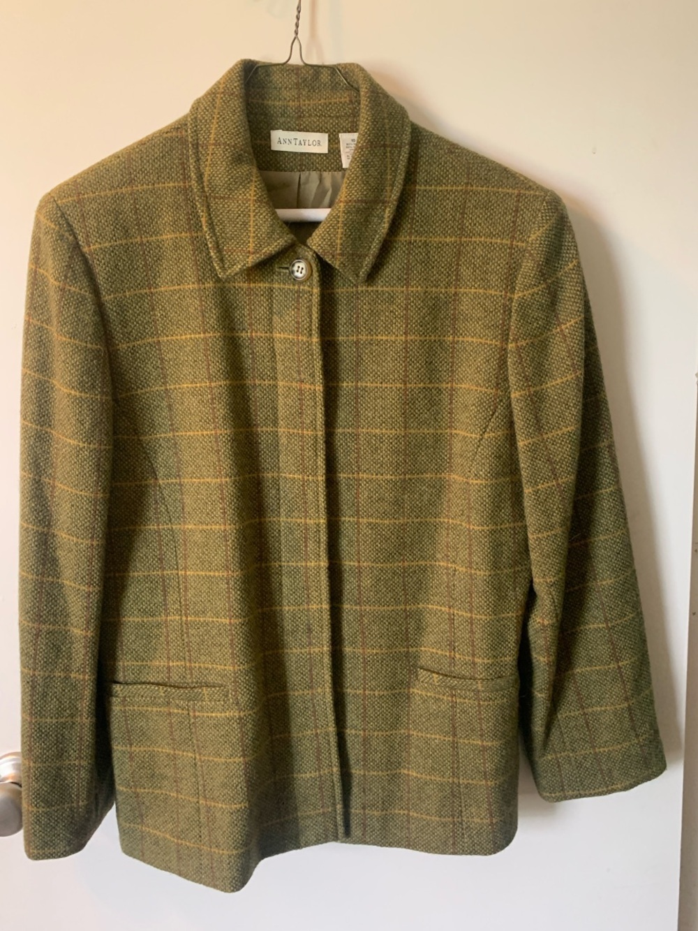 Ann Taylor Olive Green Plaid Wool-Blend Jacket